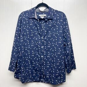 Foxcroft Bird Print Women's Button Front Navy Blue Shirt Size XXL 3/4 Sleeve